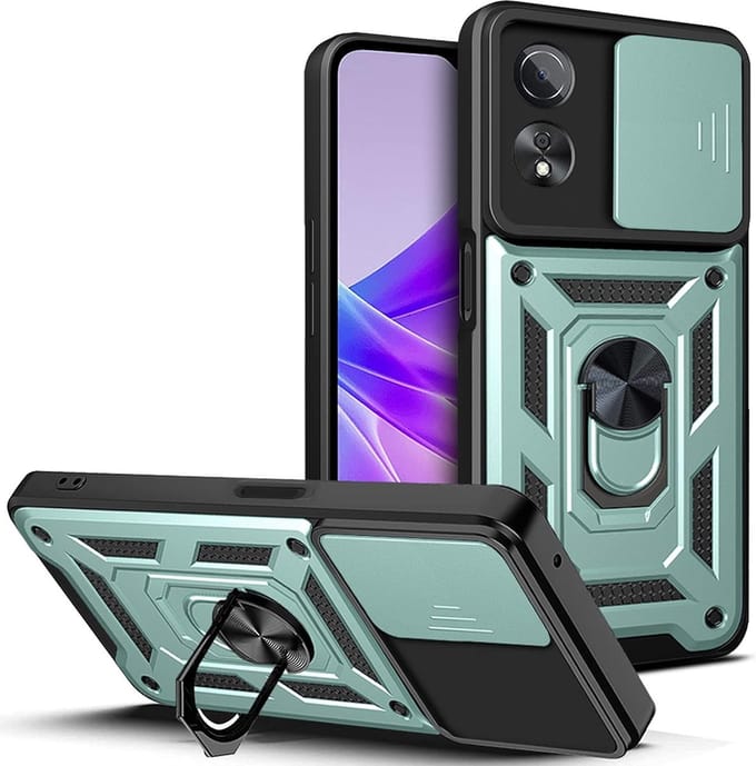 Geschikt voor Oppo A78 5G Hoesje Camera Slider en Kickstand Ring Groen