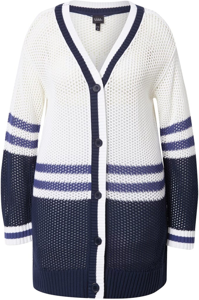 Ulla Popken - Dames - Lang vest strepen V-hals lange mouwen - Off-white - Maat 46+