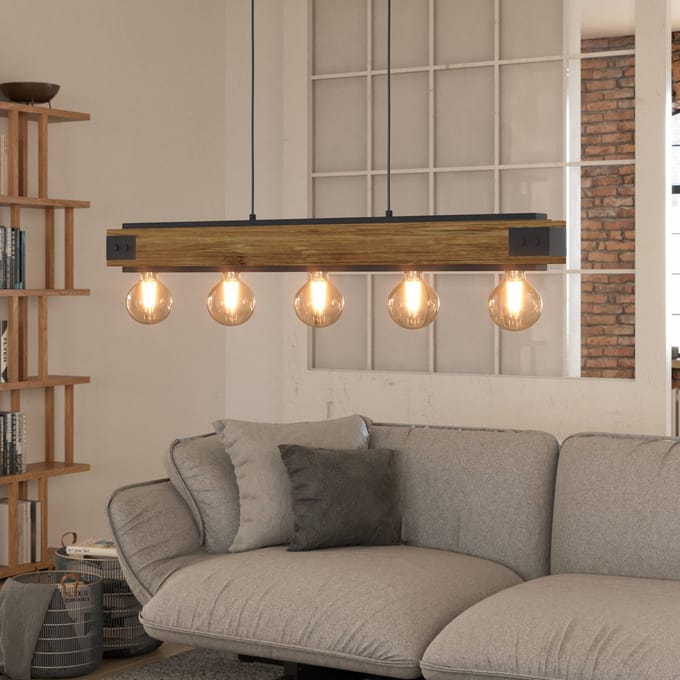 EGLO Layham hanglamp, zwart/licht hout, lengte 96 cm, 5-lamps.