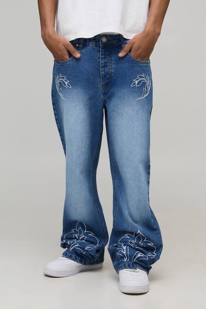 Rechte Uitlopende Western Geborduurd Contrast Stiksel Jeans | Light Blue | Size 30R