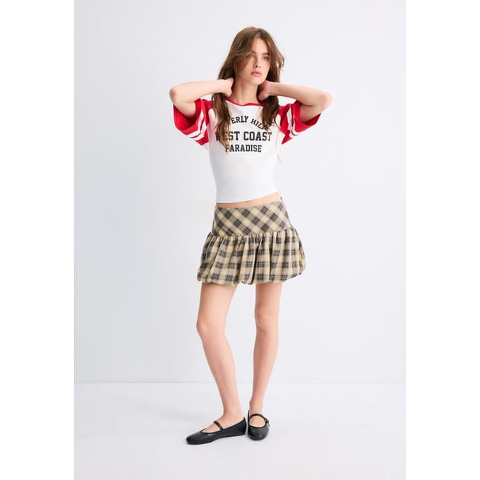 Stradivarius Geruite korte ballonrok  Beige XS