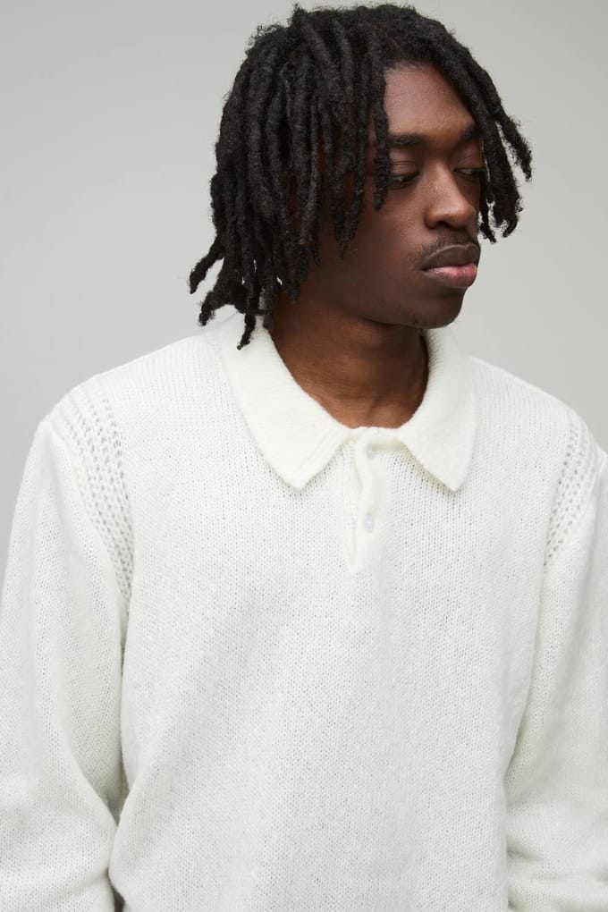 Regular Fit Fluffy Button Knitted Long Sleeve Polo T-Shirt | Ecru | Size Medium