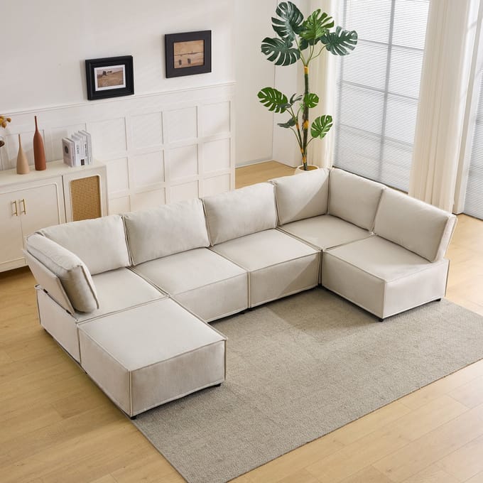 MODFU Modulaire Hoekbank - Flexibel Koppelbaar - Verstelbare Opstelling - Modern - Woonkamer - Hout En Beige