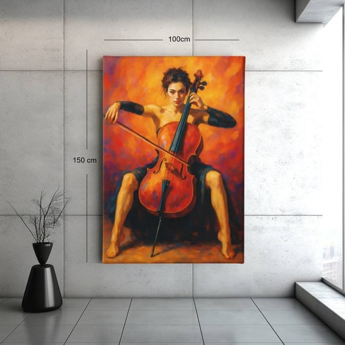 Canvas Schilderij - Vrouw en Cello - Kunst - Wanddecoratie - 90x60x2 cm