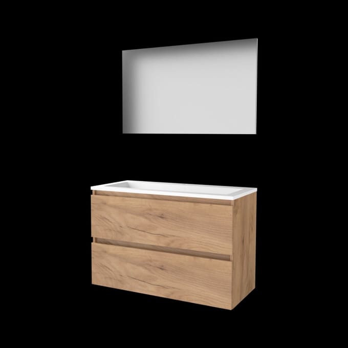 Basic-Line Basic 46 Badkamermeubelset - 100 x 46 cm - Greeploos - 2 Lades - Acryl Wastafel - 1 Kraangat - Spiegel - Whisky Oak