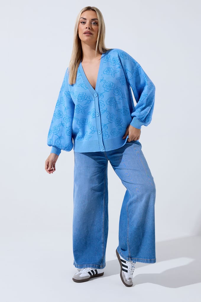 Limited Collection Blauw Gebreid Vest Met Rozenmotief Size 46-48