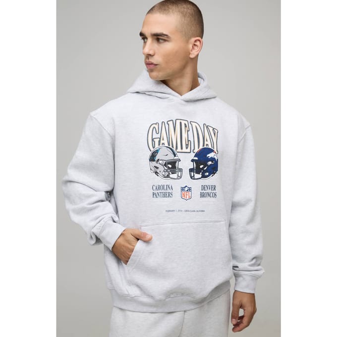 Oversized NFL Broncos X Panthers Gelicenseerde Bedrukte Hoodie | Ash Grey | Size Medium