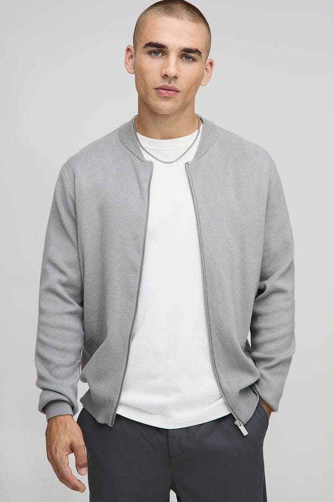 Regular Fit Smart Knitted Bomber Jacket | Grey | Size Small
