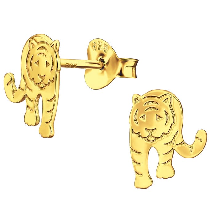 Joy|S - Zilveren tijger oorbellen - 7 x 9 mm - gold plated