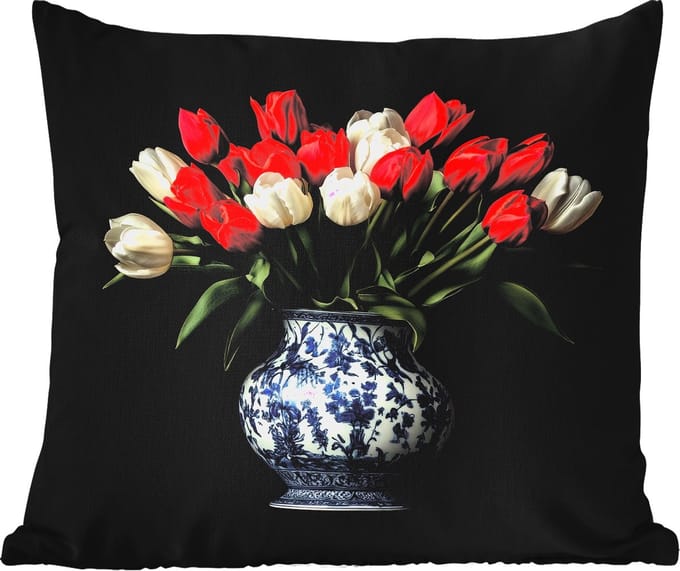 Buitenkussen - Rode - Bloemen - Tulpen - Vaas - 45x45 cm - Weerbestendig