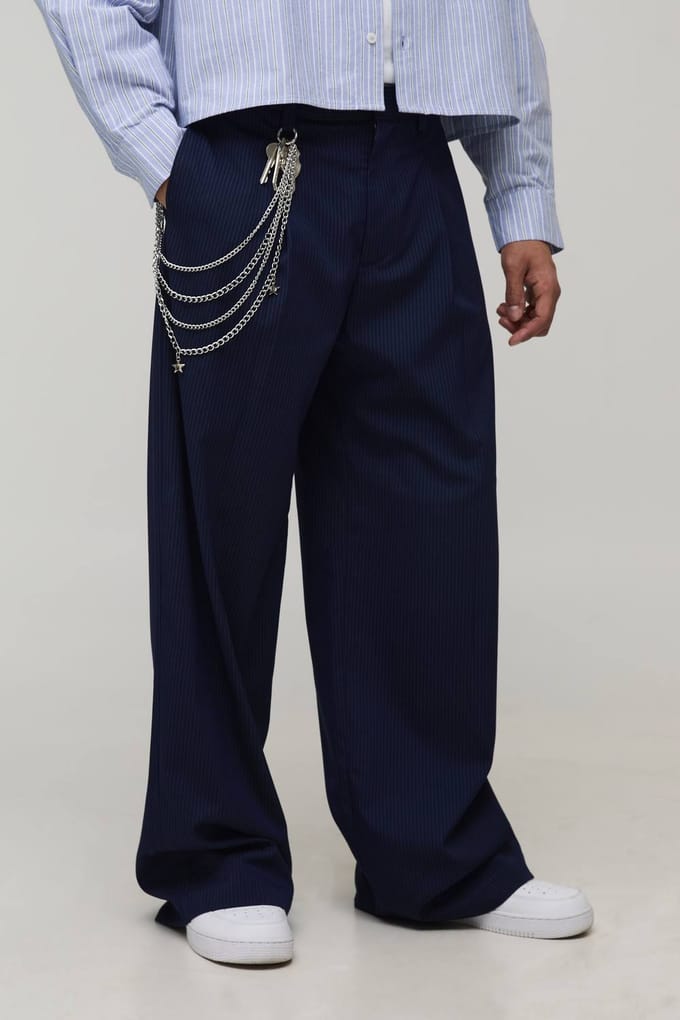 Baggy Fit Pinstripe Pleat Front Smart Trouser With Chain | Navy | Size 46