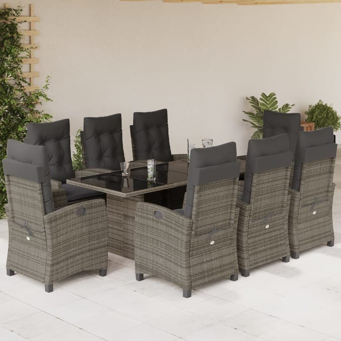 vidaXL - 9-delige - Tuinset - met - kussens - poly - rattan - grijs