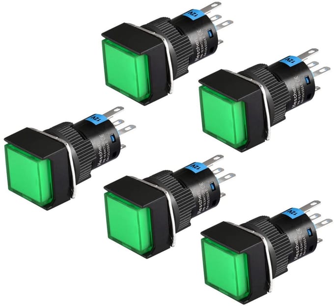 16mm Vierkante Drukknopschakelaar 1NO 1NC 5-pins 12V LED Groen (Set van 5)