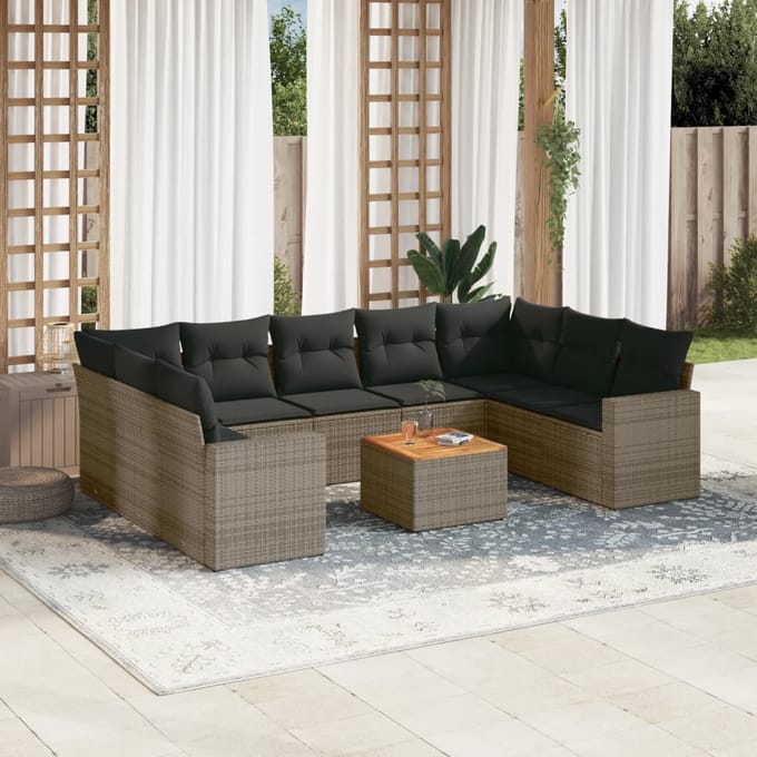 vidaXL - 10-delige - Loungeset - met - kussens - poly - rattan - grijs