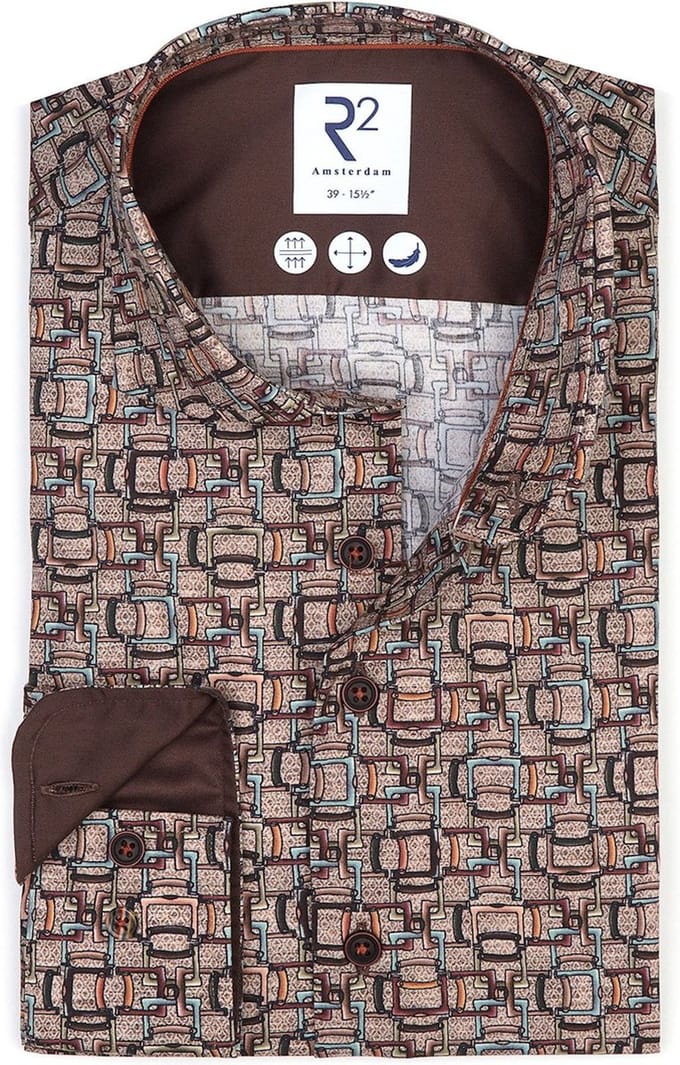 R2 Overhemd Print Bruin - Maat 37 - Heren - Overhemden Casual
