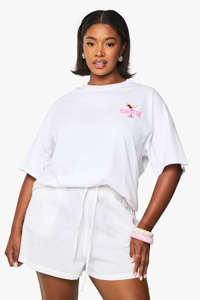 boohoo Dames PLUS CIN CIN OVERGROOTE T-SHIRT | Wit | Maat: 44