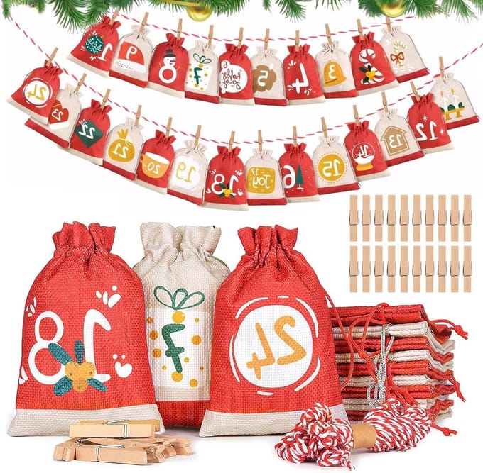 Adventskalender met 24 Stoffen Zakjes - Kinderen - Kerst - Cadeauideeën