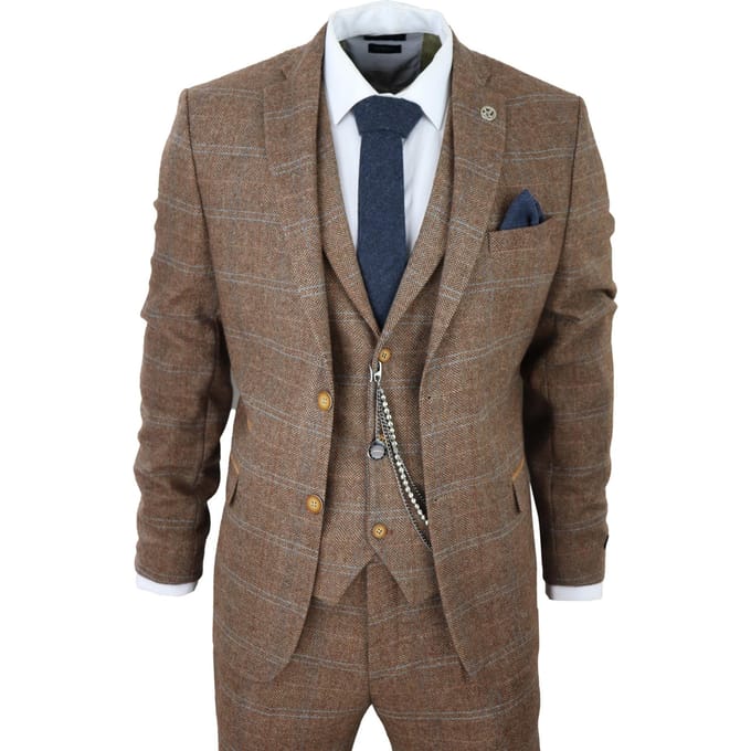 Heren 3-Piece Wollen Pak Eikenbruin Tweed Visgraat Ruit Peaky Blinders Gatsby