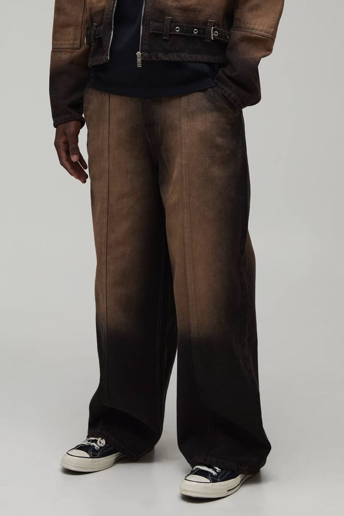 Baggy Stijve Bleach Washed Denim Jeans | Brown | Size 32R