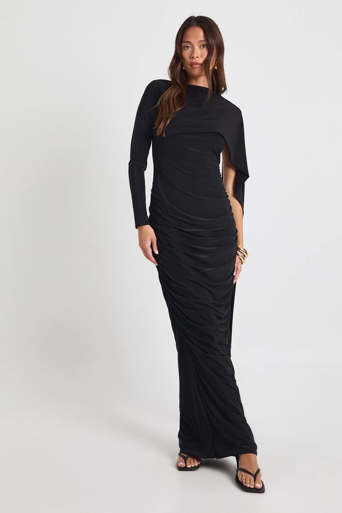 boohoo Dames Slinky maxi-jurk met lange mouwen en drapeeffect | Black | Maat: 12