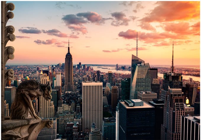 Fotobehang - New York: The skyscrapers and sunset.
