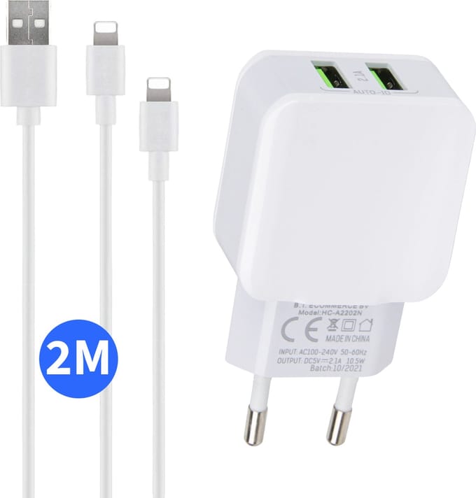 Dubbele usb lader geschikt voor iPhone 14/13/12/11/X + 2x Lightning kabel 2 meter - Usb-A naar Lightning - 2 Poorten