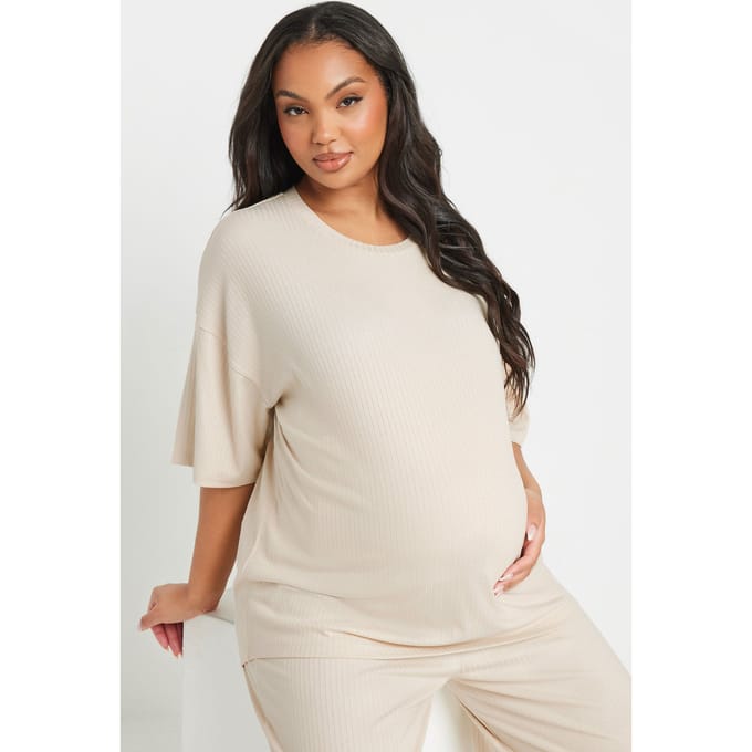 Bump It Up Maternity Geribbelde Premium Top Met Korte Mouwen In Crème Size 46