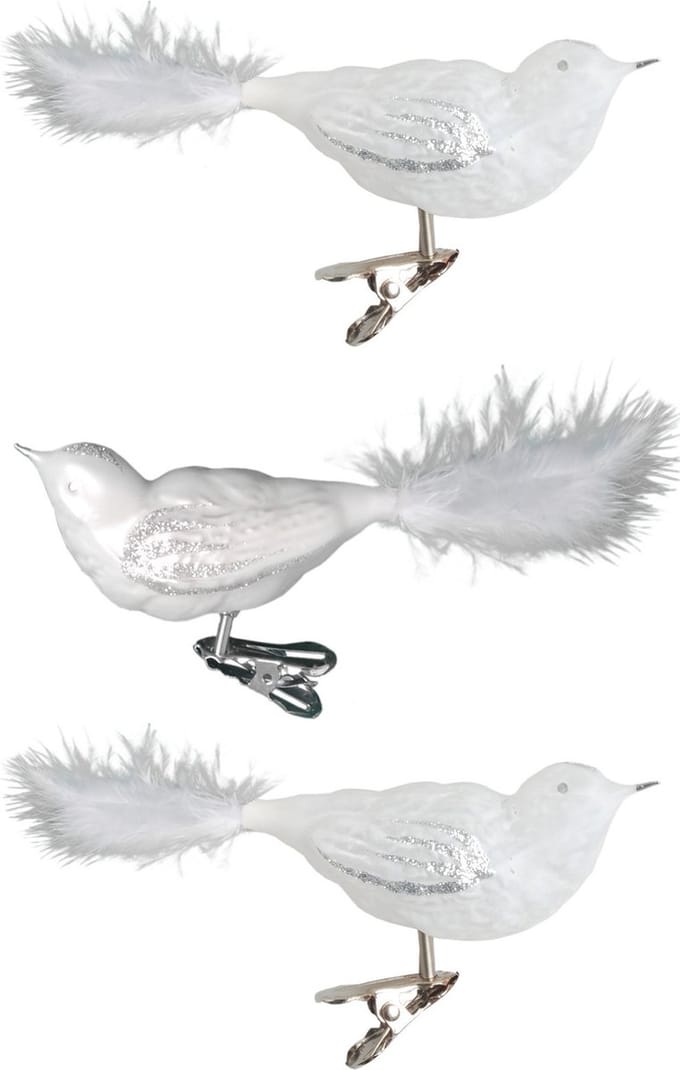 Krebs Decoratie vogels - 3x - wit - 11 cm - op clip - glas - kerstboomversiering