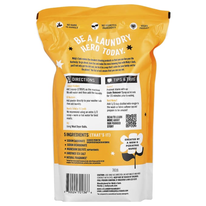 Molly'S Suds, Origineel Poeder Wasmiddel, Citrus Grove, 2,28 kg(80.25 oz) yellow