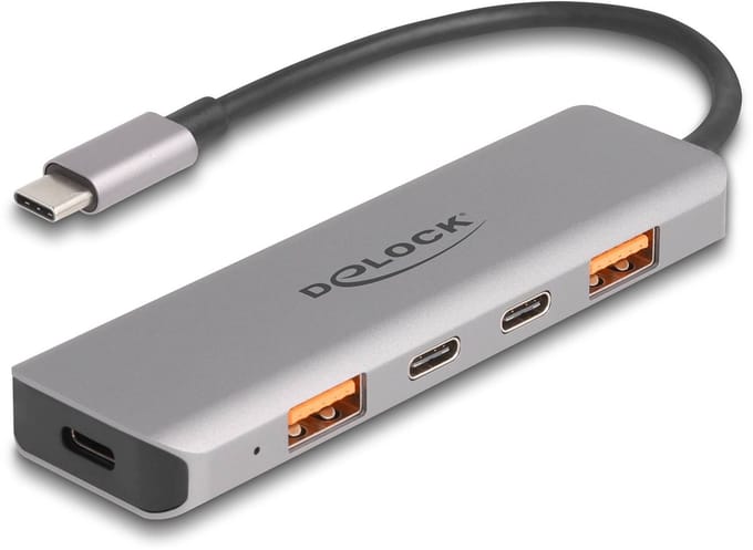 Delock 64302 64302 USB-hub 2 + 2 poorten USB-A, USB-C, USB-C (met Power Delivery) USB 3.2 Gen2 10 GBit/s LED-weergave Grijs