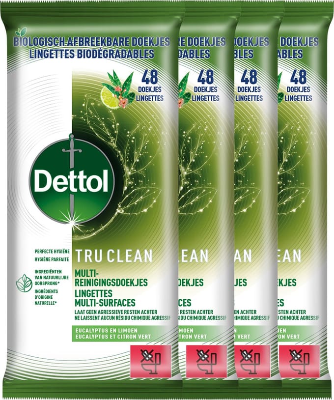 Dettol Lingettes Biodégradable Tru Clean Eucalyptus & Lime - 48 - 4 Stuks - Voordeelverpakking