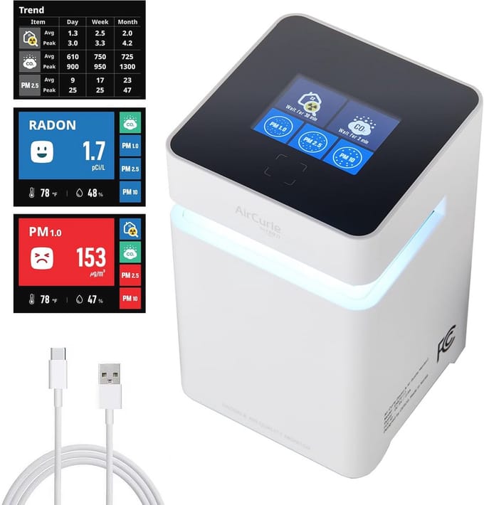 5-in-1 Radondetector en Luchtkwaliteitsmonitor voor Thuis | PM1.0, PM2.5, PM10, CO2, Vochtigheid, Temperatuur