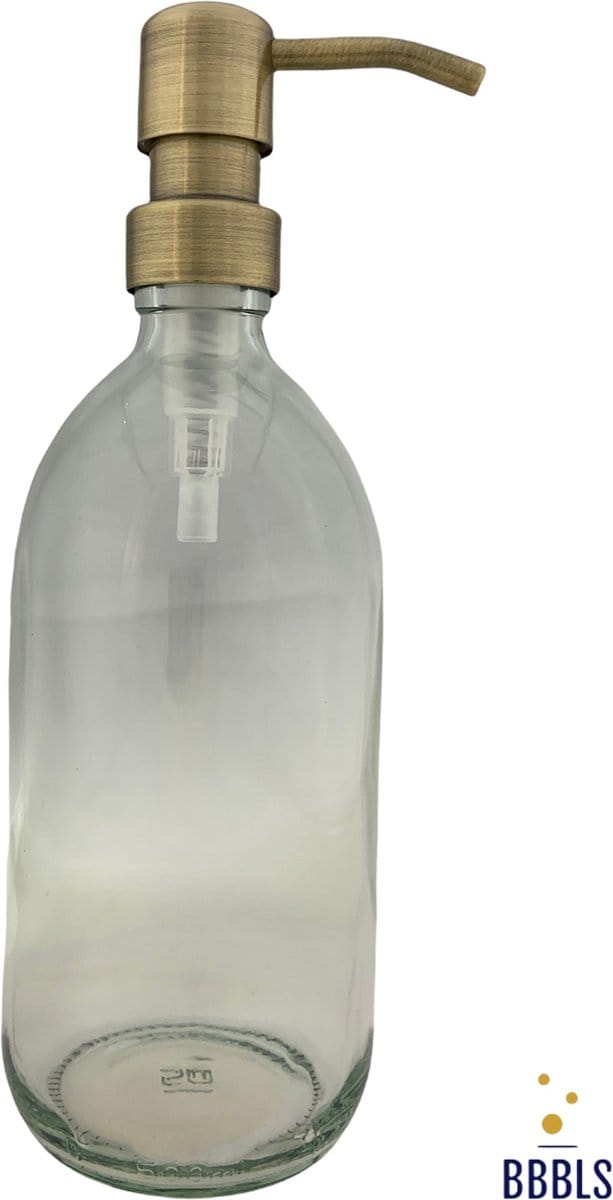 BBBLS® Design Dispenser "Blanco" | Transparant Glas | 500ml | RVS / Metaal Pomp Goud | Zeeppomp | Zeepdispenser | Zeephouder