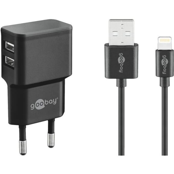 Goobay Lightning dubbele oplaadset van 12 W met 1 m kabel, zwart