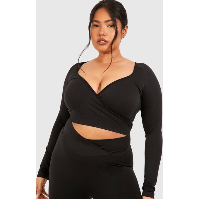 boohoo Dames Plus Naadloze Wrap Top met Lange Mouwen | Black | Maat: 24