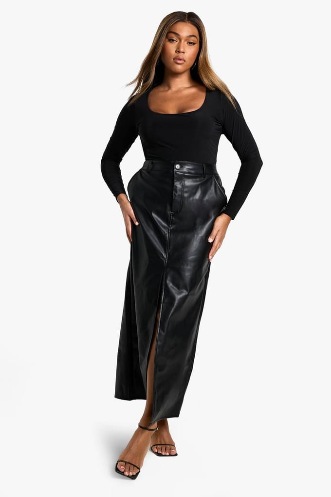 boohoo Dames Plus PU Gespleten Voorkant Maxi Rok | Zwart | Maat: 54