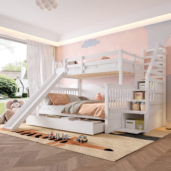 Stapelbed - 90x200 en 140x200 cm - Multifunctioneel Bed met Glijbaan - Lades en Opbergruimte - Wit