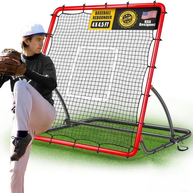 Honkbal Rebounder Net - Pitchback Springnet - Veldtraining Honkbal - 3 Verstelbare Hoeken - 4x4.5 FT - Rood