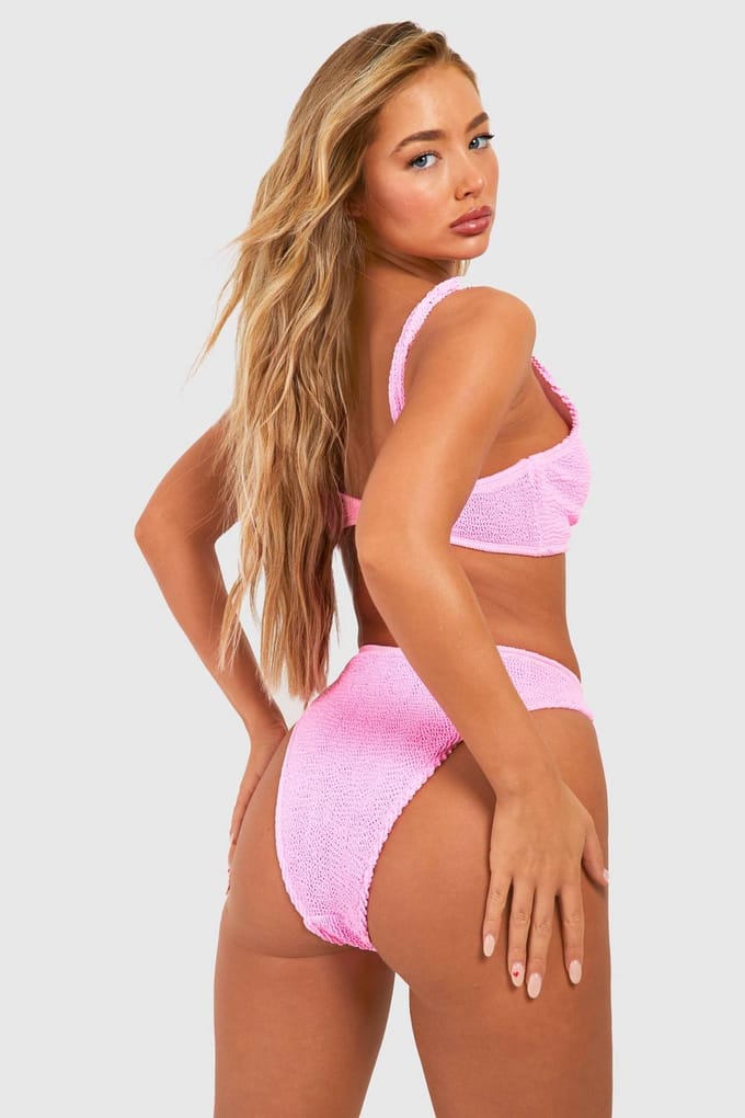 boohoo Dames Shell Trim Crinkle High Waist Bikini Brief | Roze | Maat: 34