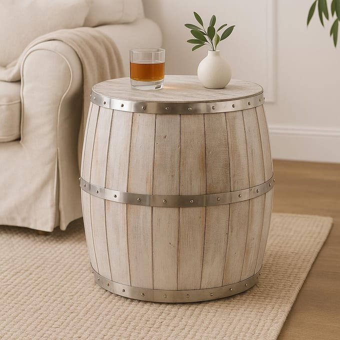 Biervat tafel in albasia-hout - whitewash - handgemaakt - premium hout