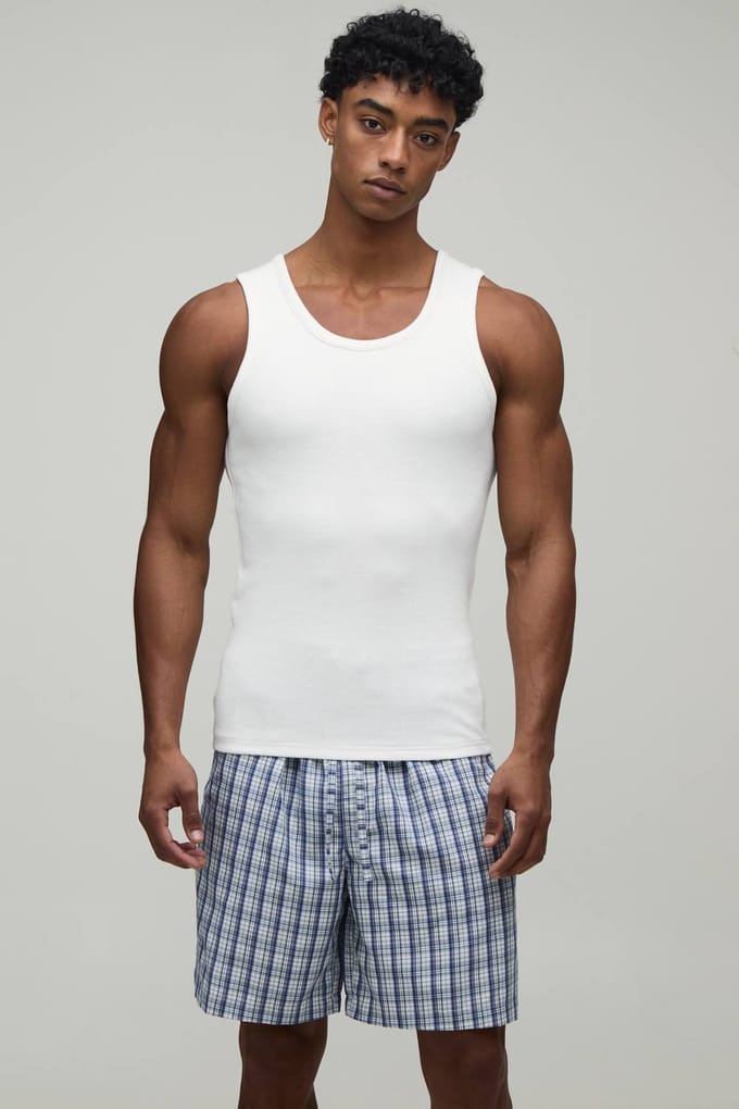 Geribbelde Muscle Fit Tanktop & Baggy Fit Short Loungeset | Blue | Size Medium