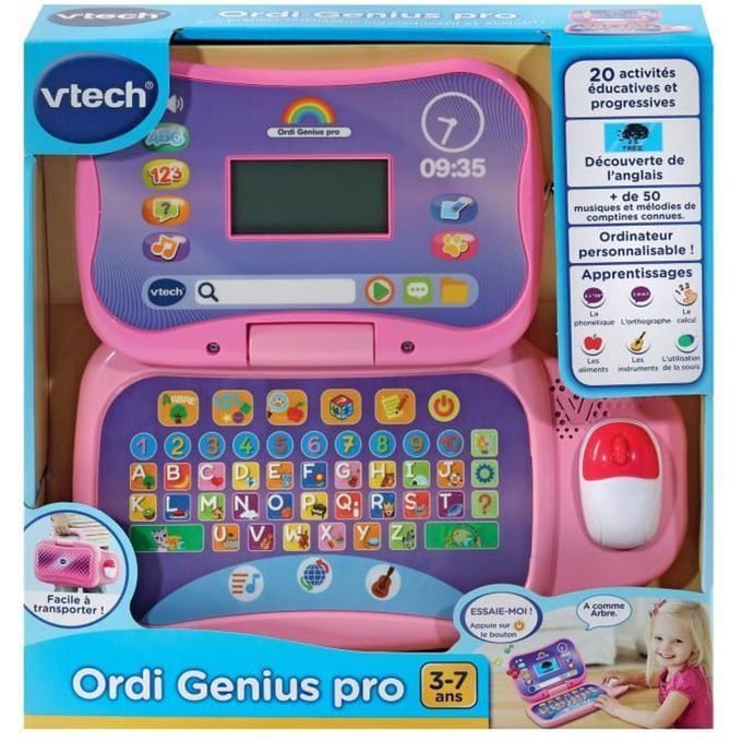 VTECH ORDI GENIUS PRO ROZE educatieve computer voor kinderen van 3 tot 7 jaar met muis en 20 activiteiten inbegrepen