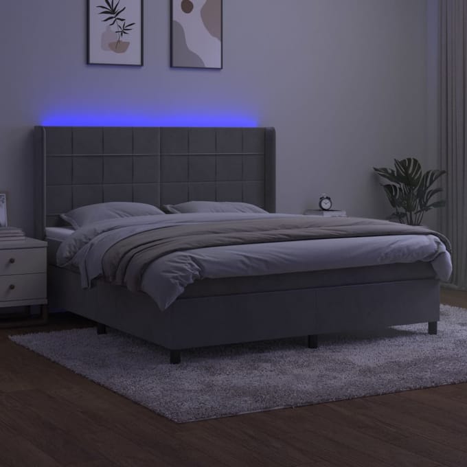 vidaXL - Boxspring - met - matras - en - LED - fluweel - lichtgrijs - 180x200 - cm