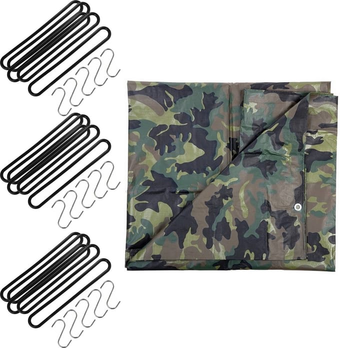 Fostex Afdekzeil camou groen 2.8 x 4 meter en 15x spanrubbers/S-haken