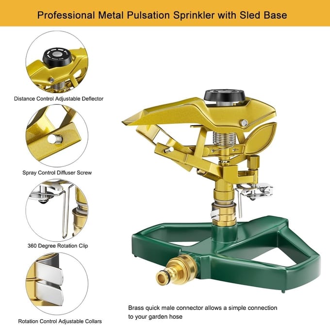 Duurzame pulserende impact gazonsproeier met metalen basis voor efficiënte tuinirrigatie en optimale waterverdeling