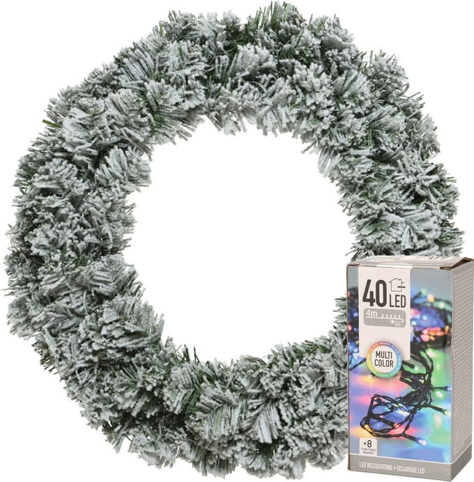 Decoris Kerstkrans - groen met sneeuw - D35 cm - incl. verlichting gekleurd