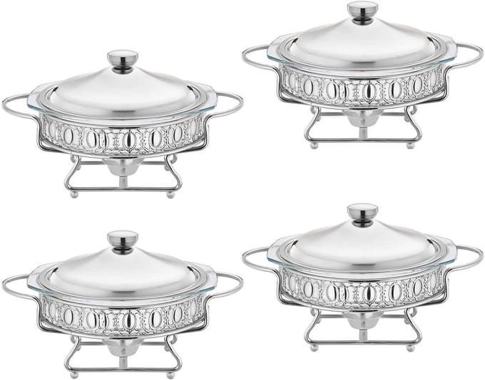 Buffet Warmers Set - Chafing Schotel - Feestelijk Serveren - Rond Glazen Ontwerp - 2L Capaciteit - Zilver