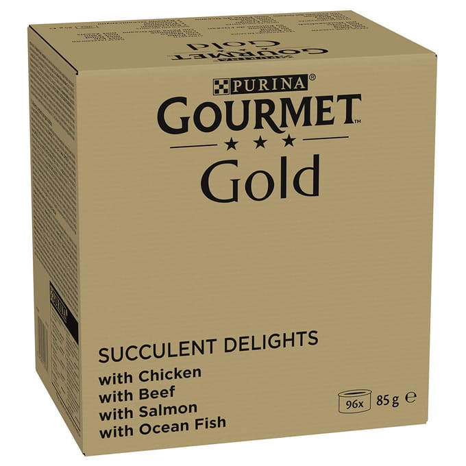 96 x 85 g Gouremt Gold natvoer voor katten + 48 x 45 g Gourmet Soup Zalm, Schol, kabeljauw gratis! - Sappige, fijne reepjes