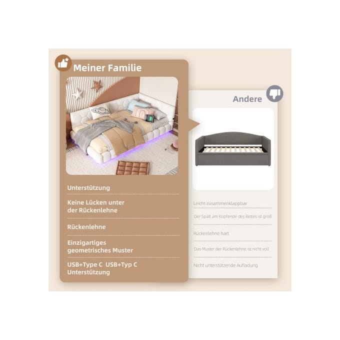 Daybed - MUVOE - 90x200 cm - 16 couleurs LED - Chargeur USB - Montage facile
