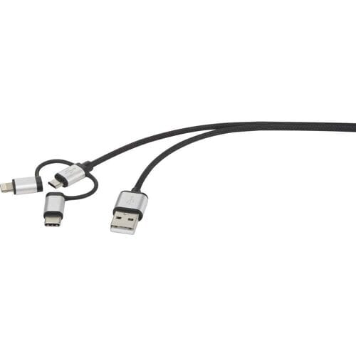 Renkforce RF-3335108 USB-kabel USB 2.0 USB-A stekker, USB-C stekker, USB-micro-B stekker, Apple Lightning stekker 1.00 m Donkergrijs Gesleeved